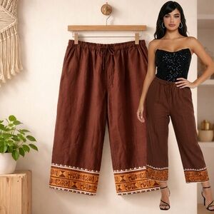🛍️ MARSH LANDING Aztec Boho Brown Linen Bead Wide Leg Cropped Pants Size X-LARGE